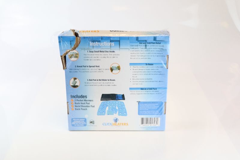 Photo 2 of CLICK HEATERS FULL COMBO KIT REUSABLE HOT AND COLD PADS INCLUDES NECK AND SHOULDER PAD BACK PAD 2 HAND POCKET PADS HOT UP TO 2 HOURS REFRIGERATE OR FREEZE LIFETIME WARRANTY BY CLICKHEATERS NEW SEALED $245