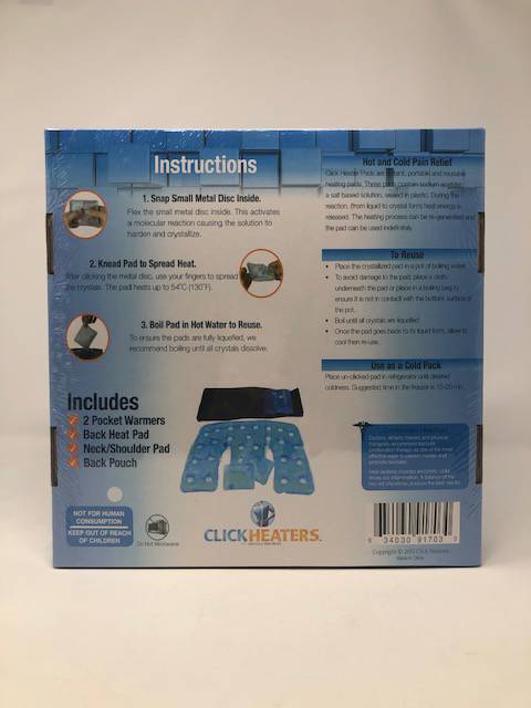 Photo 3 of CLICK HEATERS FULL COMBO KIT REUSABLE HOT AND COLD PADS INCLUDES NECK AND SHOULDER PAD BACK PAD 2 HAND POCKET PADS HOT UP TO 2 HOURS REFRIGERATE OR FREEZE LIFETIME WARRANTY BY CLICKHEATERS NEW SEALED $245