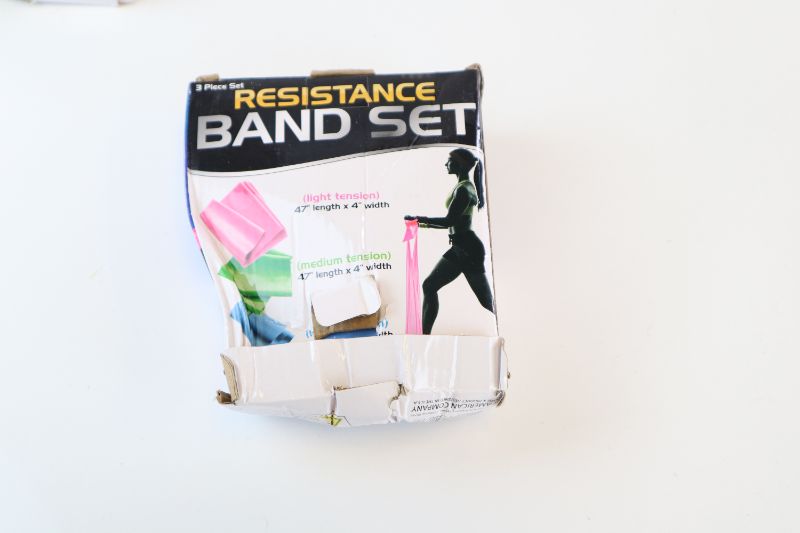 Photo 1 of 3 PACK RESISTANCE BANDS 47INCH LENGTH BY 4INCH WIDTH PINK LIGHT TENSION GREEN MEDIUM TENSION AND BLUE HARD TENSION NEW $11.99