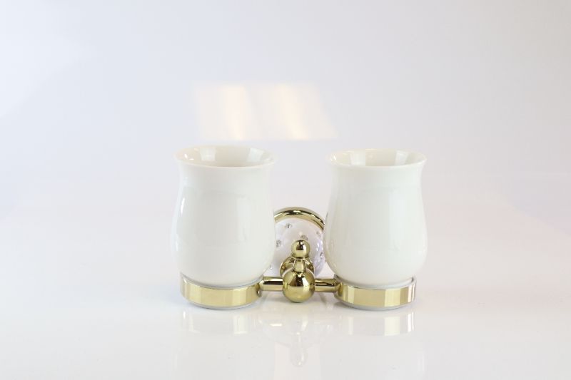 Photo 1 of FORLA CRYSTAL DOUBLE TUMBLER AND WALL MOUNT WHITE AND GOLD FINISH NEW $54
