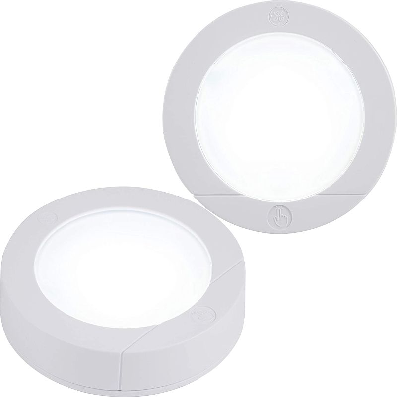 Photo 1 of GE, Wireless, Battery Operated, 20 Lumens, Touch Activated On/Off, Bright White, Ideal for Closets, Cabinets, Attic, Garage and More, 25434, 2 Pack, LED Puck Lights, 2 Count
