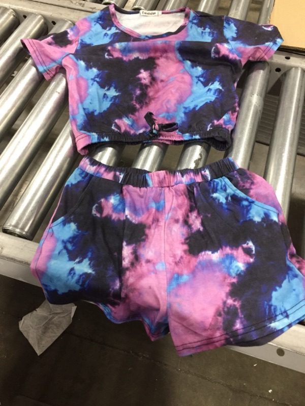 Photo 2 of Little Girls Summer Clothes Tie-Dye Print Round Collar Short  Pullover Top+Elastic Waist Shorts 2Pcs Set Outfits size 160(XL/ 8-10 Years)
