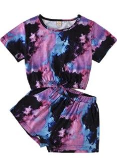 Photo 1 of Little Girls Summer Clothes Tie-Dye Print Round Collar Short  Pullover Top+Elastic Waist Shorts 2Pcs Set Outfits size 160(XL/ 8-10 Years)
