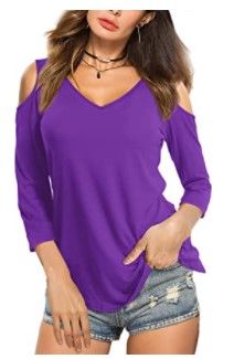 Photo 1 of Amoretu Womens Summer Tshirts V Neck Cold Shoulder Tunic Tops Blouse Shirts, Purple, Large