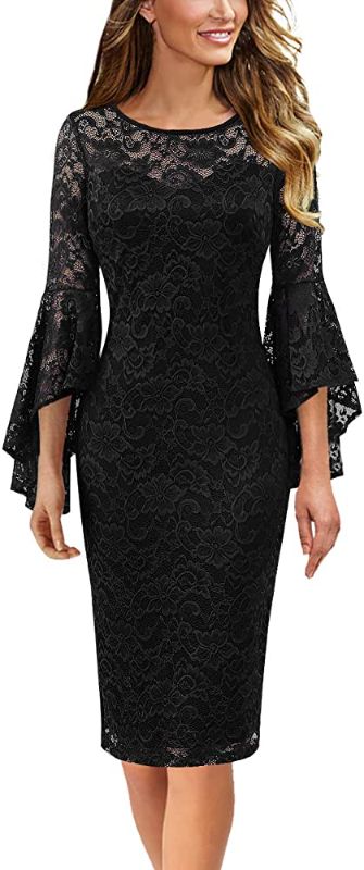 Photo 1 of Vfshow Womens Black Floral Lace Ruffle Bell Sleeve Slim Cocktail Wedding Party Casual Bodycon Pencil Sheath Dress 3720 BLK,XXL