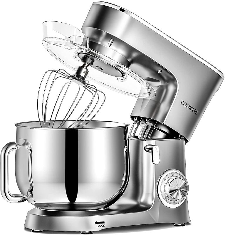 Photo 1 of COOKLEE Stand Mixer, 9.5 Qt. 660W 10-Speed Electric Kitchen Mixer with Dishwasher-Safe Dough Hooks, Flat Beaters, Wire Whip & Pouring Shield Attachments for Most Home Cooks, SM-1551, Silver
