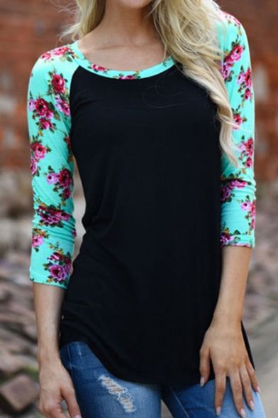 Photo 1 of New Stylish Contrast Floral Printed Raglan 3/4 Length Sleeve T-Shirt, XL