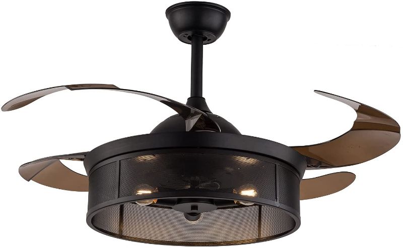 Photo 1 of 42 Inch Industrial Ceiling Fans with Light and Remote Control,Invisible Ceiling Fan Chandelier Indoor Fandelier,Brown Retractable Blades,3 Color Changing Light,3 Speeds,Quiet Motor
