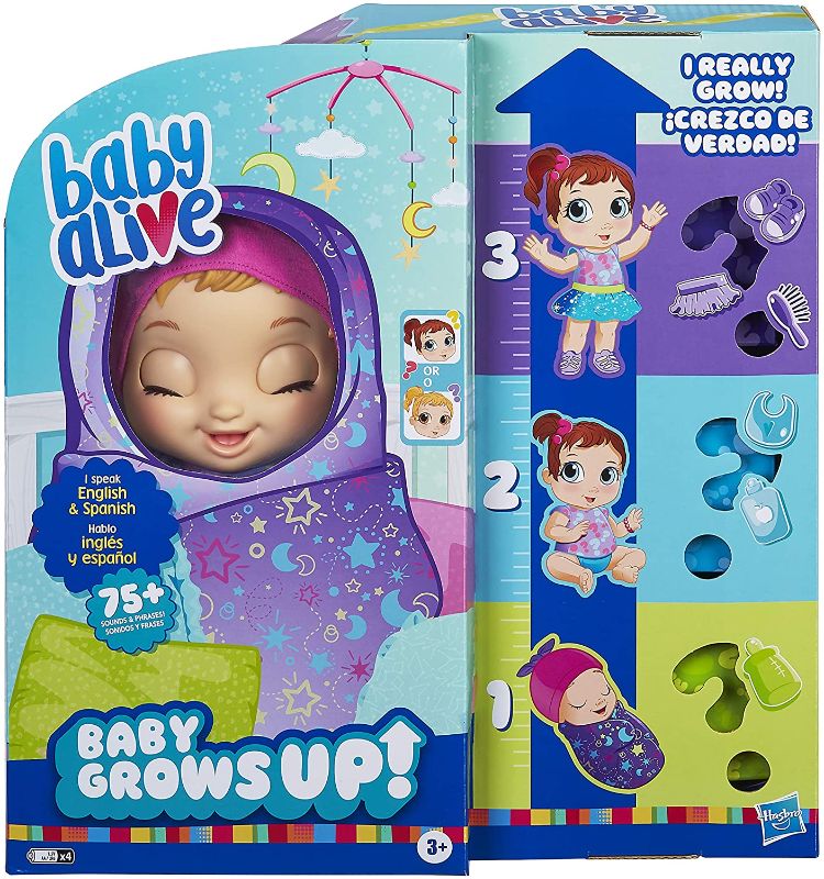 Photo 1 of Baby Alive Baby Grows Up (Dreamy) - Shining Skylar or Star Dreamer, Growing and Talking Baby Doll, Toy with 1 Surprise Doll and 8 Accessories , Blue
