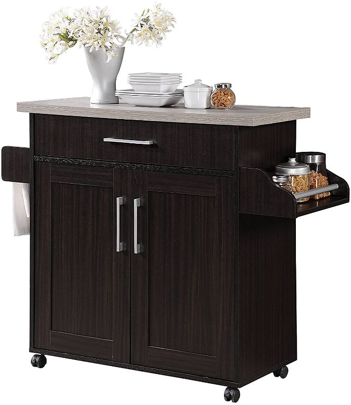 Photo 1 of Hodedah Kitchen Island with Spice Rack, Towel Rack & Drawer, Chocolate with Grey Top
