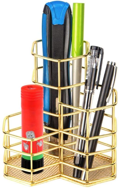 Photo 1 of 3 in 1 Gold Metal Pen Holder, Wire Metal Desktop Pencil Holder Desk Storage Organizer Container for Stationery and Desk Accessories
