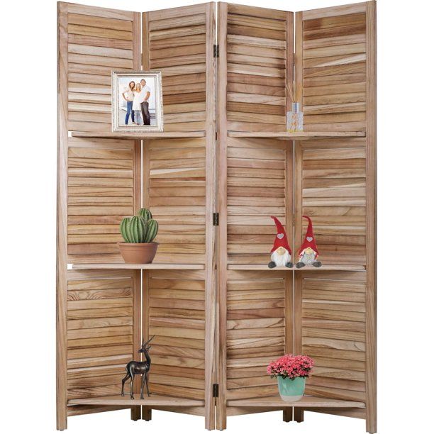 Photo 1 of 4 Panel Room Divider Folding Privacy Wooden Screen with Three Clever Shelf Portable Partition Screen Wood for Home Office, Natural
