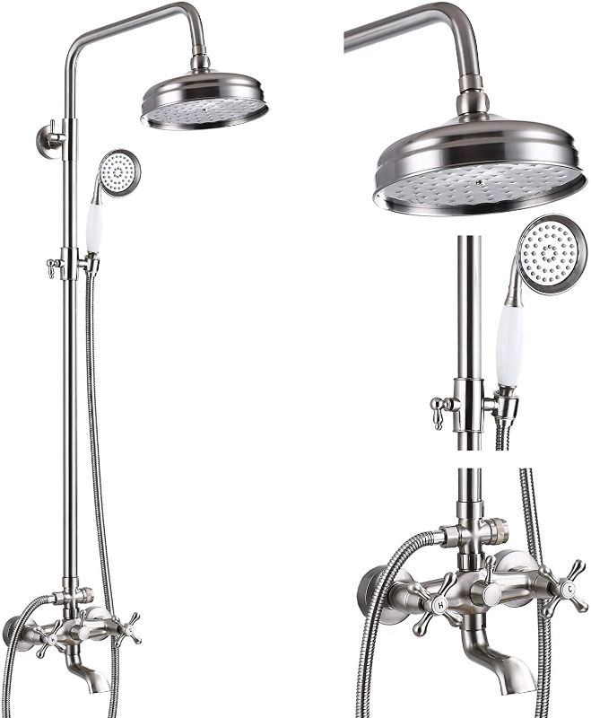 Photo 1 of Brushed Nickel Bathtub Shower Faucet System 8-inch Rainfall Showerhead with Handheld Spray Dual Cross Knobs Handles Wall Mounted Triple Function Shower Unit
