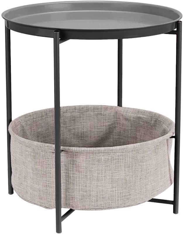 Photo 1 of Amazon Basics Round Storage End Table, Side Table with Cloth Basket - Charcoal/Heather Gray, 19 x 18 x 18 Inches