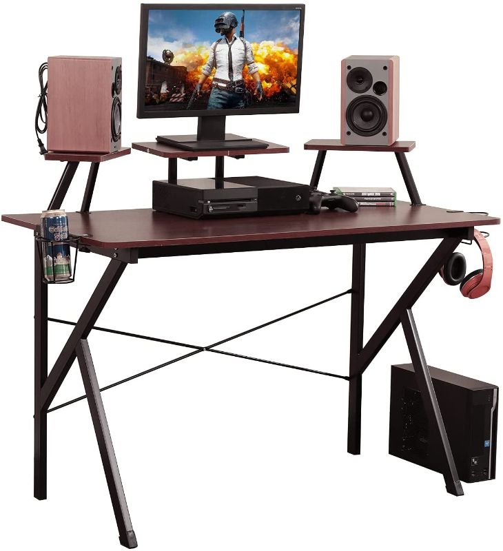 Photo 1 of DlandHome Gaming Desk 47 inches Studio Desk w/Adjustable Display Speaker Stand and Headphone Gamepad Holder Multifunction Computer Desk/Gaming Table, Walnut YX001-WB