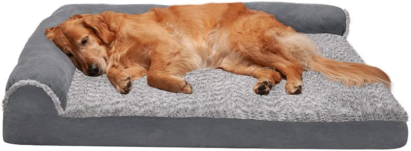 Photo 1 of Furhaven Orthopedic CertiPUR-US Certified Foam Pet Beds for Small, Medium, and Large Dogs and Cats - Two-Tone L Chaise, Southwest Kilim Sofa, Faux Fur Velvet Sofa Dog Bed