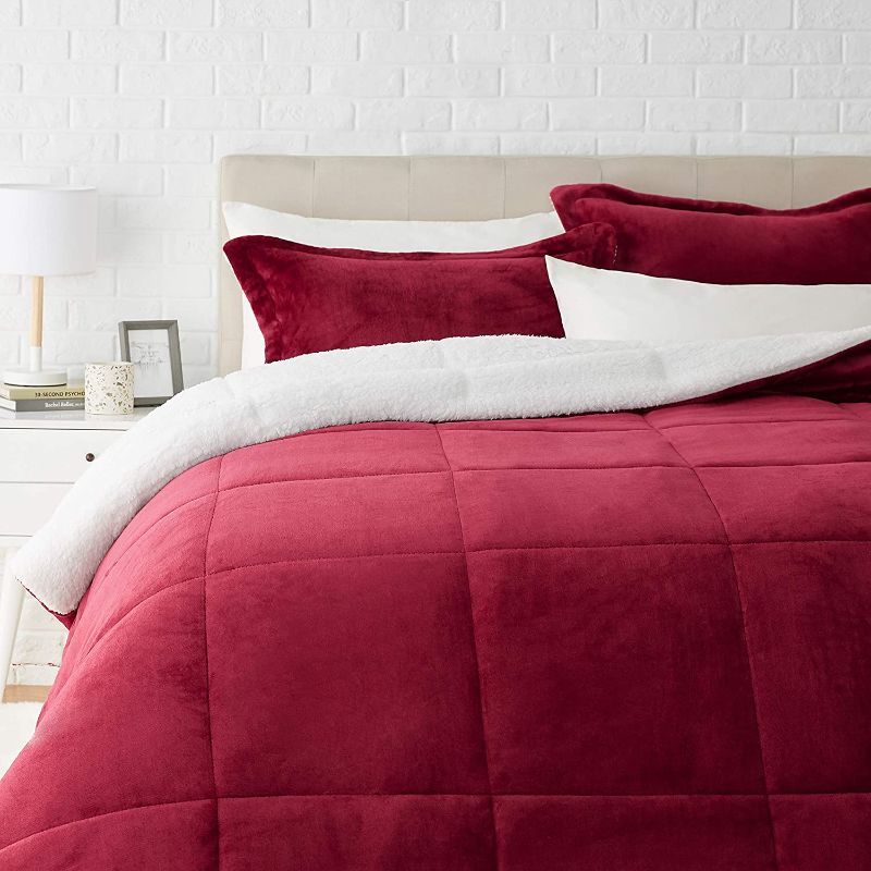 Photo 1 of Amazon Basics Ultra-Soft Micromink Sherpa Comforter Bed Set - Burgundy, King