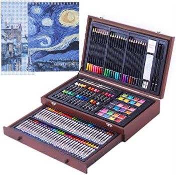 Photo 1 of 145 Piece Art Set with 2 x 50 Page Drawing Pad, Art Supplies in Portable Wooden Case, Crayons, Oil Pastels, Colored Pencils, Watercolor Cakes, Sharpener, Sandpaper
