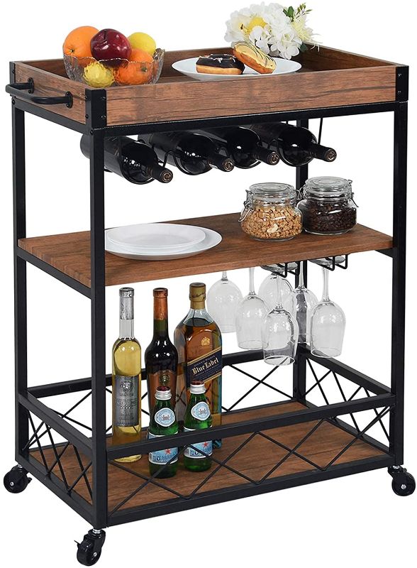 Photo 1 of CHARAVECTOR Bar Cart Kitchen Bar&Serving Cart for Home with 3 -Tier Storage Shelves Kitchen Island Cart,Metal Wine Rack Storage and Glass Bottle Holder