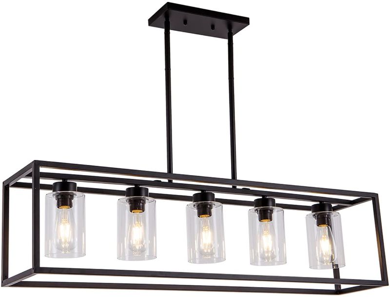 Photo 1 of  5-Light Farmhouse Chandelier Light Fixture Kitchen Island Pendant Lighting Dining Room Hanging Lights Modern Black Industrial Rustic Rectangular Adjustable Height Met