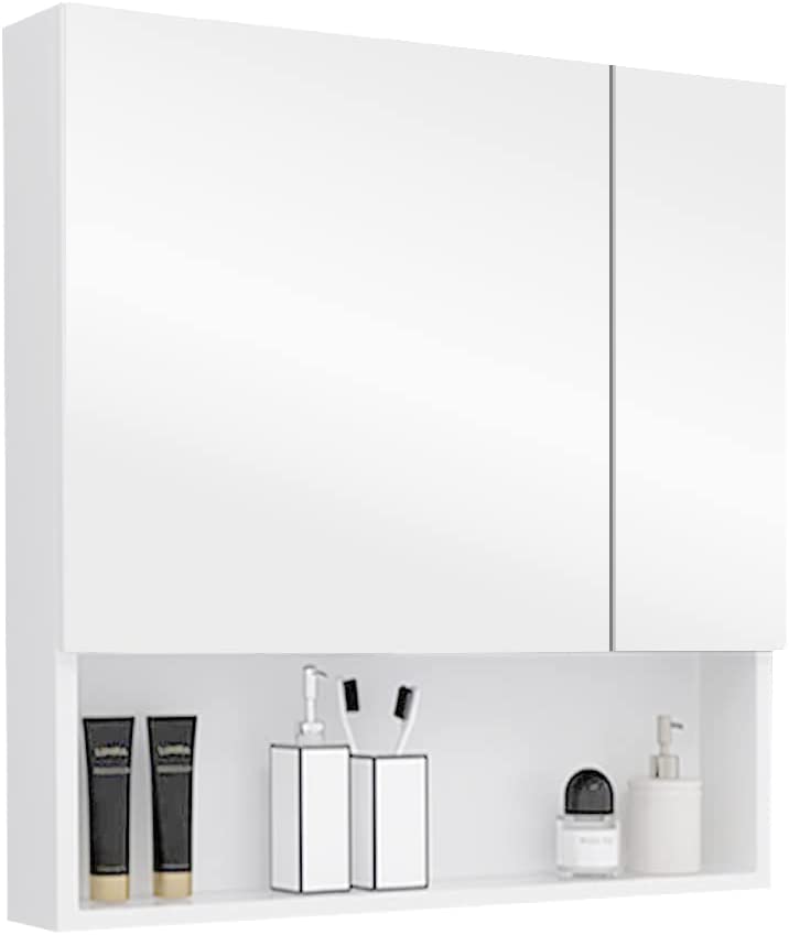 Photo 1 of 28" x 24" Mirror Medicine Cabinets with Double Doors, Space Aluminum Wall Mounted Storage Cabinets for Bathroom, Waterproof and Rust-Resist, Recess or Surface Mount - White