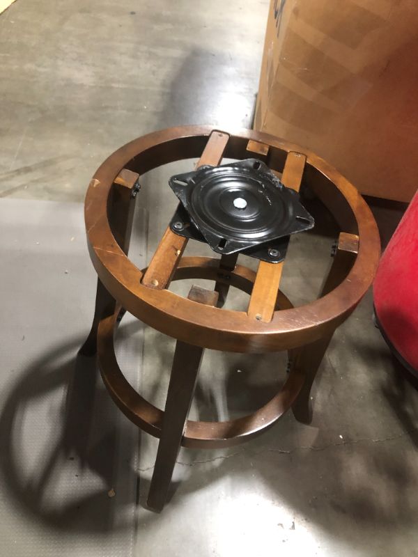 Photo 1 of 38'' tall wooden and leather bar stool, unknown manufacture,  MISSING SCREW TO ATTACH SEAT TO LEGS 