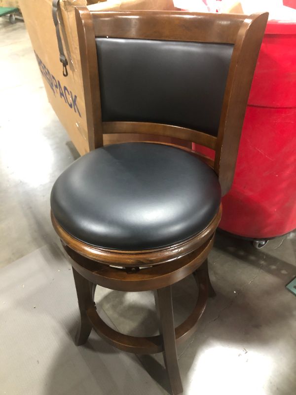 Photo 1 of 38'' tall wooden and leather bar stool, unknown manufacture,  MISSING SCREW TO ATTACH SEAT TO LEGS 