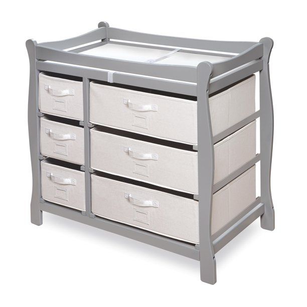 Photo 1 of Badger Basket Sleigh Style Baby Changing Table with 6 Baskets, Gray, Includes Pad
