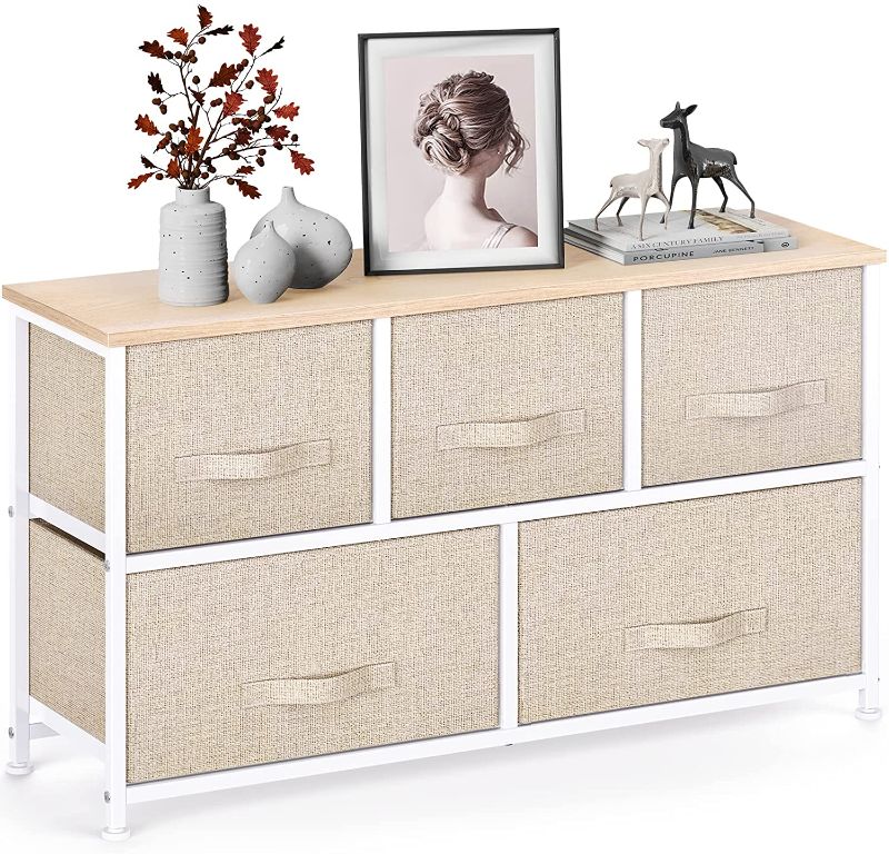 Photo 1 of Fabric Dresser with 5 Drawers, Wide Dresser Storage Tower, Organizer Unit with Wood Top and Easy Pull Handle for Closets, Living Room, Nursery Room, Hallway by Pipishell
