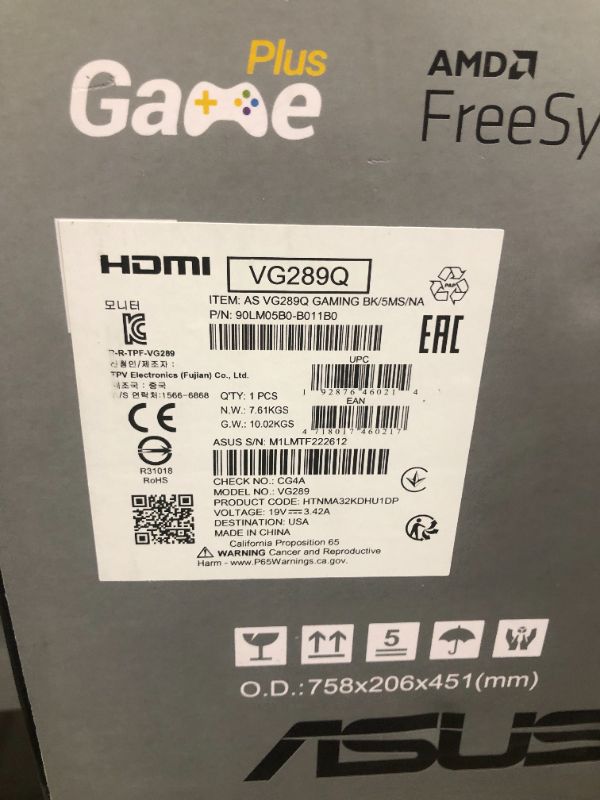 Photo 1 of ASUS TUF Gaming VG289Q 28” HDR Gaming Monitor 4K (3840 x 2160) IPS FreeSync Eye Care DisplayPort Dual HDMI HDR 10
