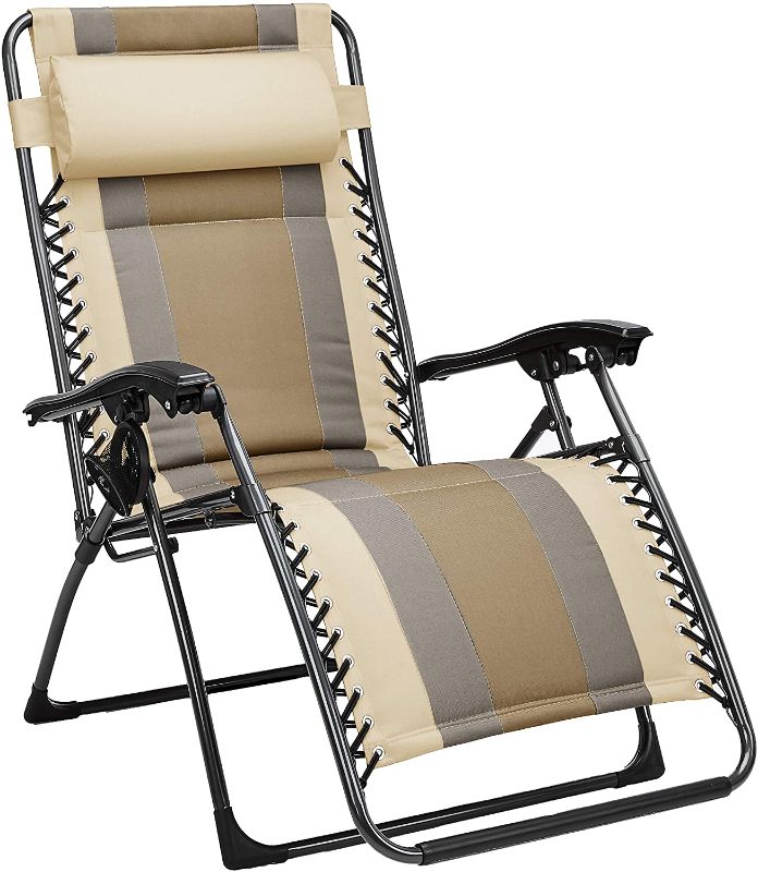Photo 1 of Amazon Basics Outdoor Padded Adjustable Zero Gravity Folding Reclining Lounge Chair with Pillow - Beige
