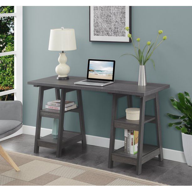 Photo 1 of Convenience Concepts Designs2Go Double Trestle Desk with Shelves, Charcoal Gray
