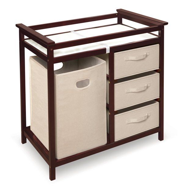 Photo 1 of Badger Basket Modern Baby Changing Table with Hamper and 3 Baskets, Cherry, Includes Pad
