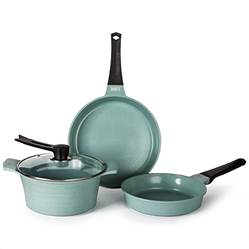 Photo 1 of Aller Greenstone Cookware Greenstone Cookware Set of 4 - Genuine Jade Oil - Free Nonstick Pots and Pans Set - 2 Frying Pans, 1 Casserole Dish & 1 Glass