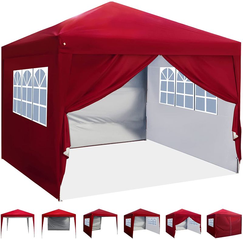 Photo 1 of ASTEROUTDOOR 10'x10' Pop Up Canopy with Sidewalls, Adjustable Leg Heights, Windows, Wheeled Carry Bag, Stakes and Ropes, Red

