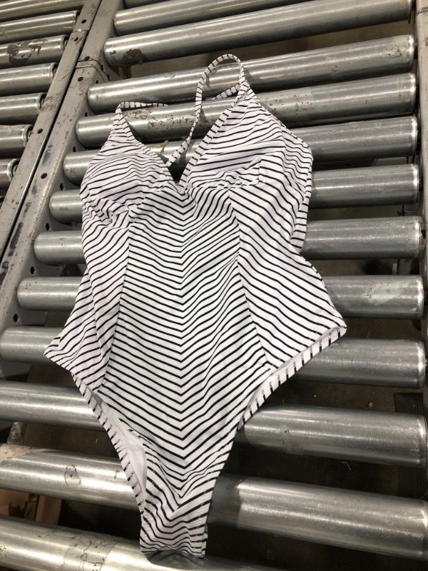 Photo 2 of Black And White Stripe V-Neck One Piece Swimsuit L