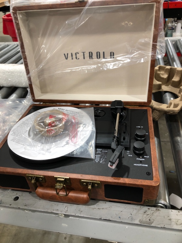 Photo 2 of Victrola Vintage 3-Speed Bluetooth Portable Suitcase Record Player with Built-in Speakers | Upgraded Turntable Audio Sound| Includes Extra Stylus | Brown
