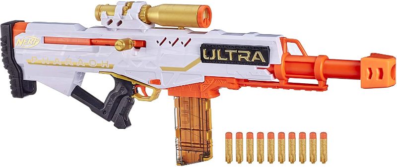 Photo 1 of NERF Ultra Pharaoh Blaster with Premium Gold Accents, 10-Dart Clip, 10 Ultra Darts, Bolt Action, Compatible Only Ultra Darts
