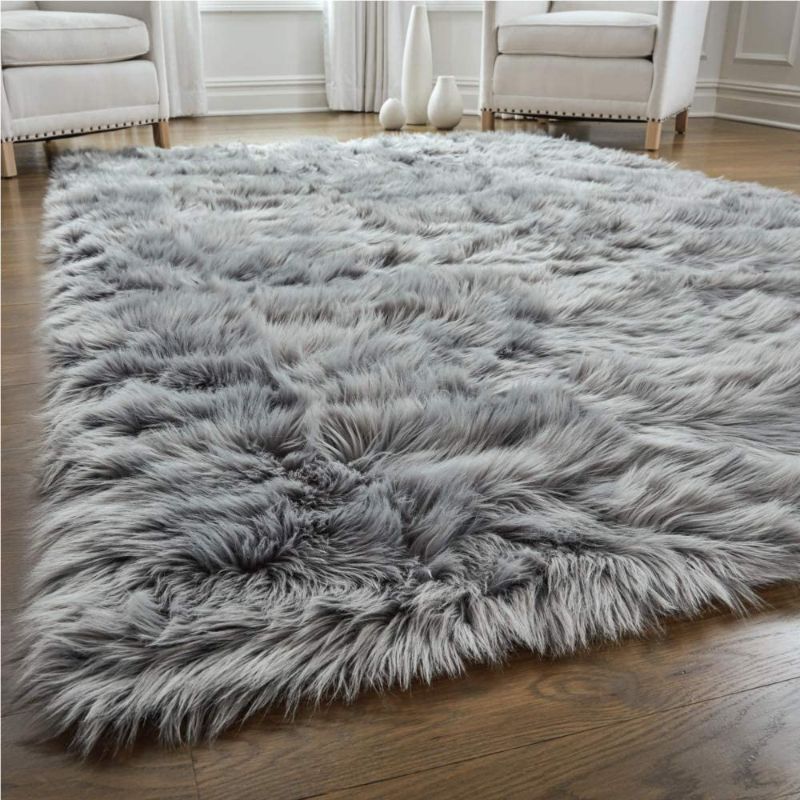 Photo 1 of  Fluffy Faux Fur Washable Rug, 5x7, Shag Carpet Rugs Durable Rubber Backing, Rectangle, Grey
