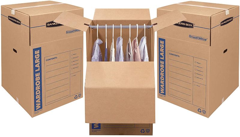 Photo 1 of Bankers Box SmoothMove Wardrobe Boxes 24l x 24w x 40h Kraft/Blue 3/Carton set of 6