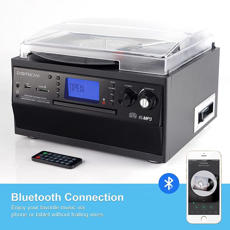 Photo 1 of DIGITNOW Bluetooth Record Player Turntable with Stereo Speaker, LP Vinyl to MP3 Converter with CD, Cassette, Radio, Aux in and USB/SD Encoding, Remote Control, Audio Music Player Built in Amplifier