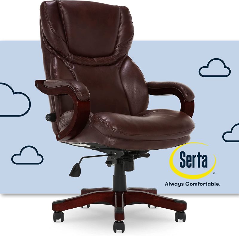 Photo 1 of Serta Big and Tall Executive Office Chair with Wood Accents Adjustable High Back Ergonomic Lumbar Support, Bonded Leather, Chestnut Brown
