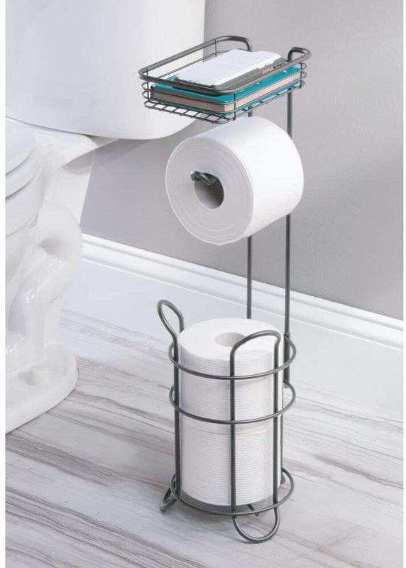 Photo 1 of Freestanding Metal Wire Toilet Paper Roll Holder Stand and Dispenser with Storage Shelf for Cell, Mobile Phone - Bathroom Storage Organization - Holds 3 Mega Rolls 