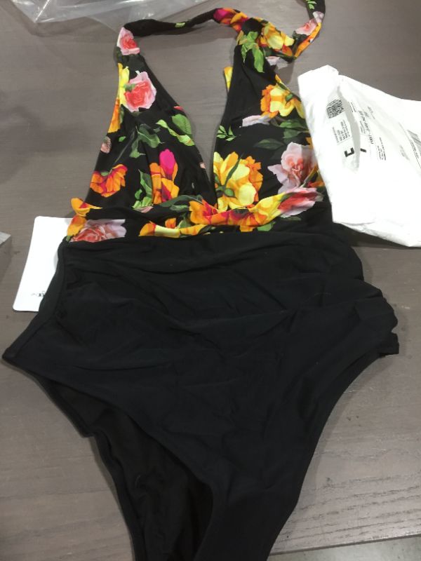 Photo 2 of Womens (L) Floral And Black Plunge Halter One Piece Swimsuit
