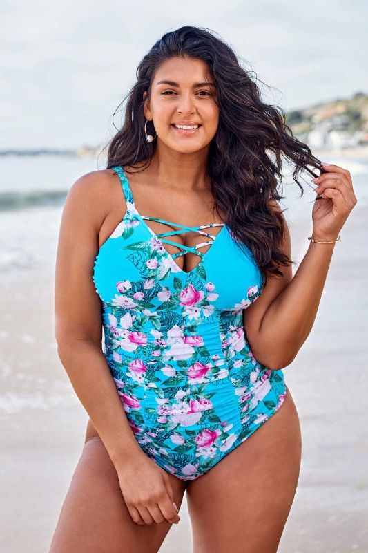 Photo 1 of  Womens (0X) Blue Floral Plus Size One Piece Swimsuit
