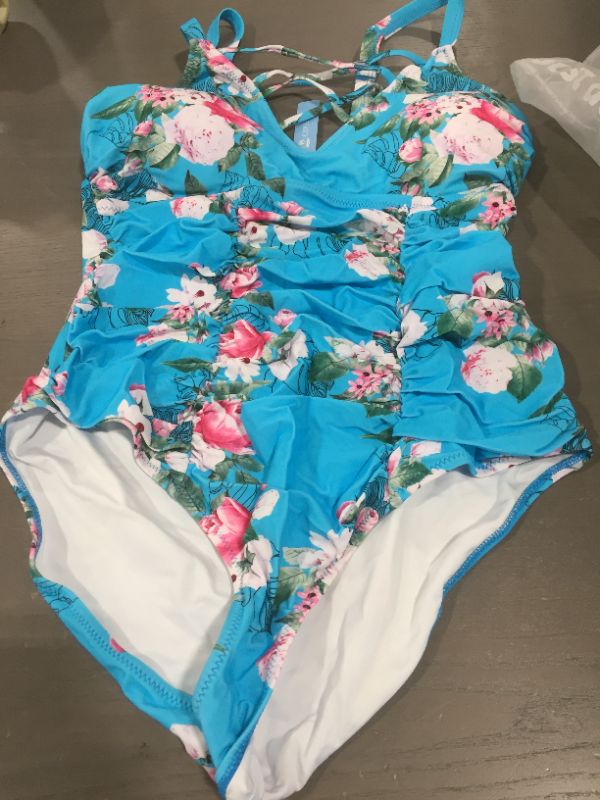 Photo 2 of  Womens (0X) Blue Floral Plus Size One Piece Swimsuit
