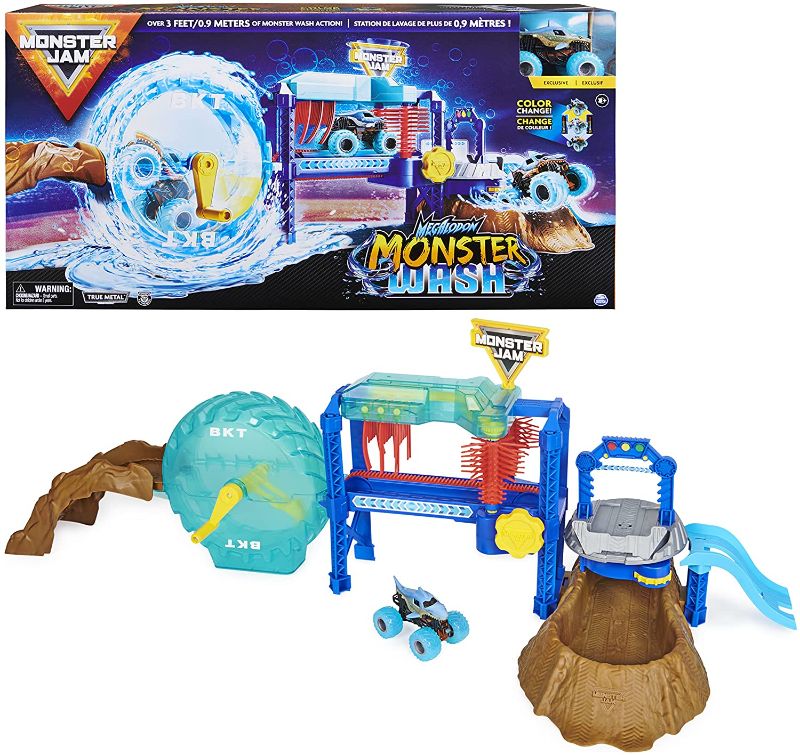 Photo 1 of Monster Jam, Megalodon Monster Wash, Includes Color-Changing Megalodon Monster Truck, Interactive Water Play Kids Toys for Aged 3 and Up
