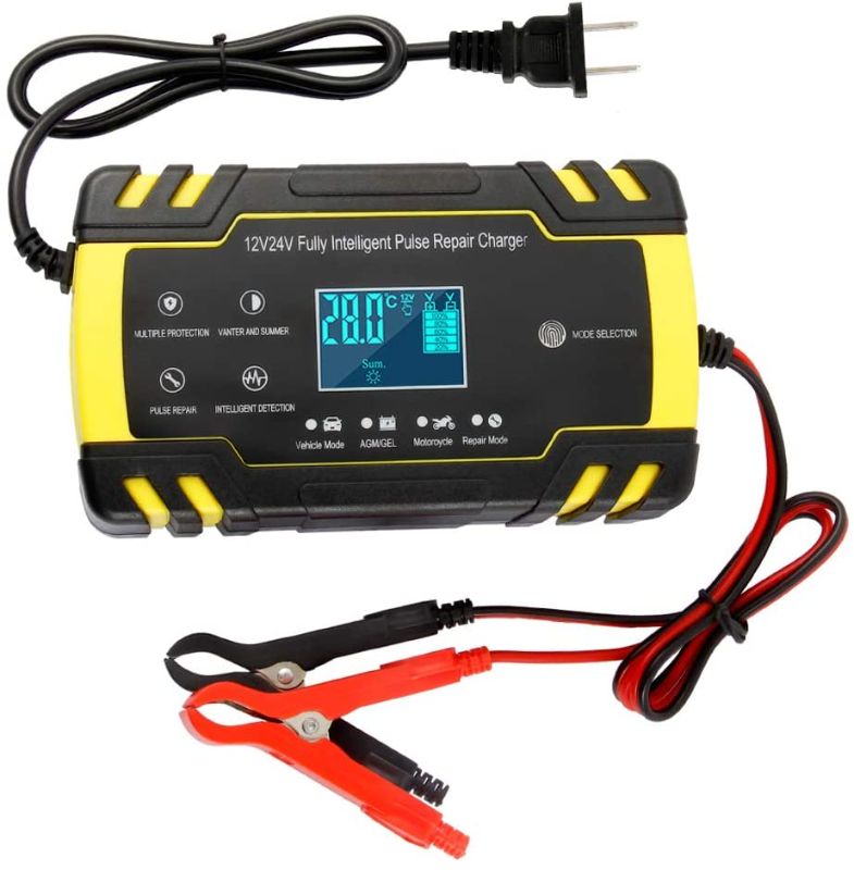 Photo 1 of 12V/24V Smart Battery Charger | Pulse Repair Charger with LCD Display | Intelligent Mode Overvoltage Protection Temperature Monitoring for Car, Truck, Motorcycle, Boat, SUV, ATV?Yellow?
