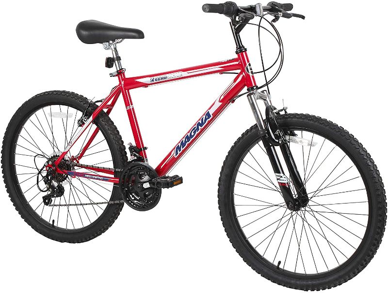 Photo 1 of Dynacraft Magna Front Shock Mountain Bike Boys, Girls, Mens and Womens 24 and 26 Inch Wheels with 18 Speed Grip Shifter and Dual Handbrakes in Red,