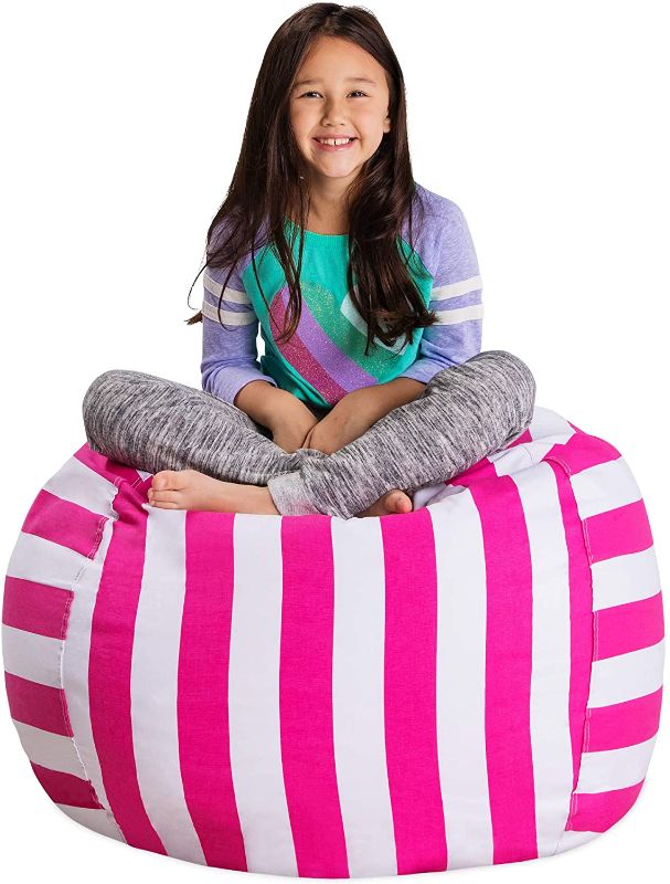 Photo 1 of Posh Stuffable Kids Stuffed Animal Storage Bean Bag Chair Cover - Childrens Toy Organizer, Large 38" - Canvas Stripes Pink and White
